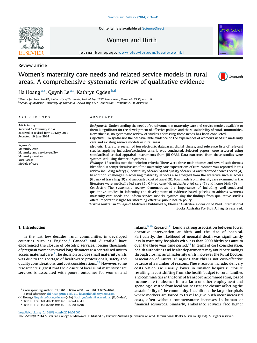 Women's maternity care needs and related service models in rural areas: A comprehensive systematic review of qualitative evidence