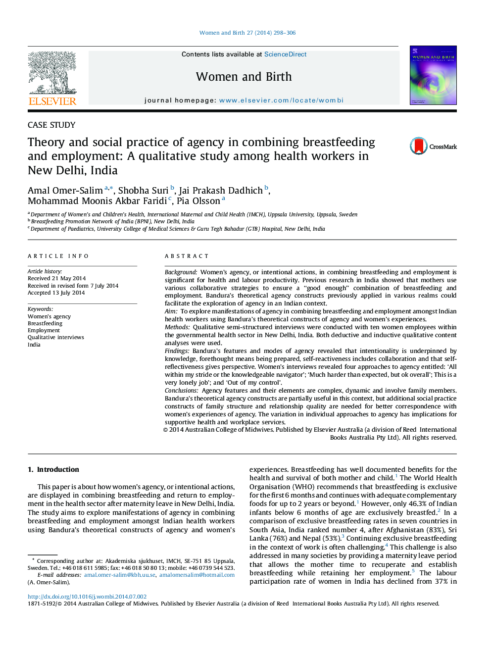 Theory and social practice of agency in combining breastfeeding and employment: A qualitative study among health workers in New Delhi, India