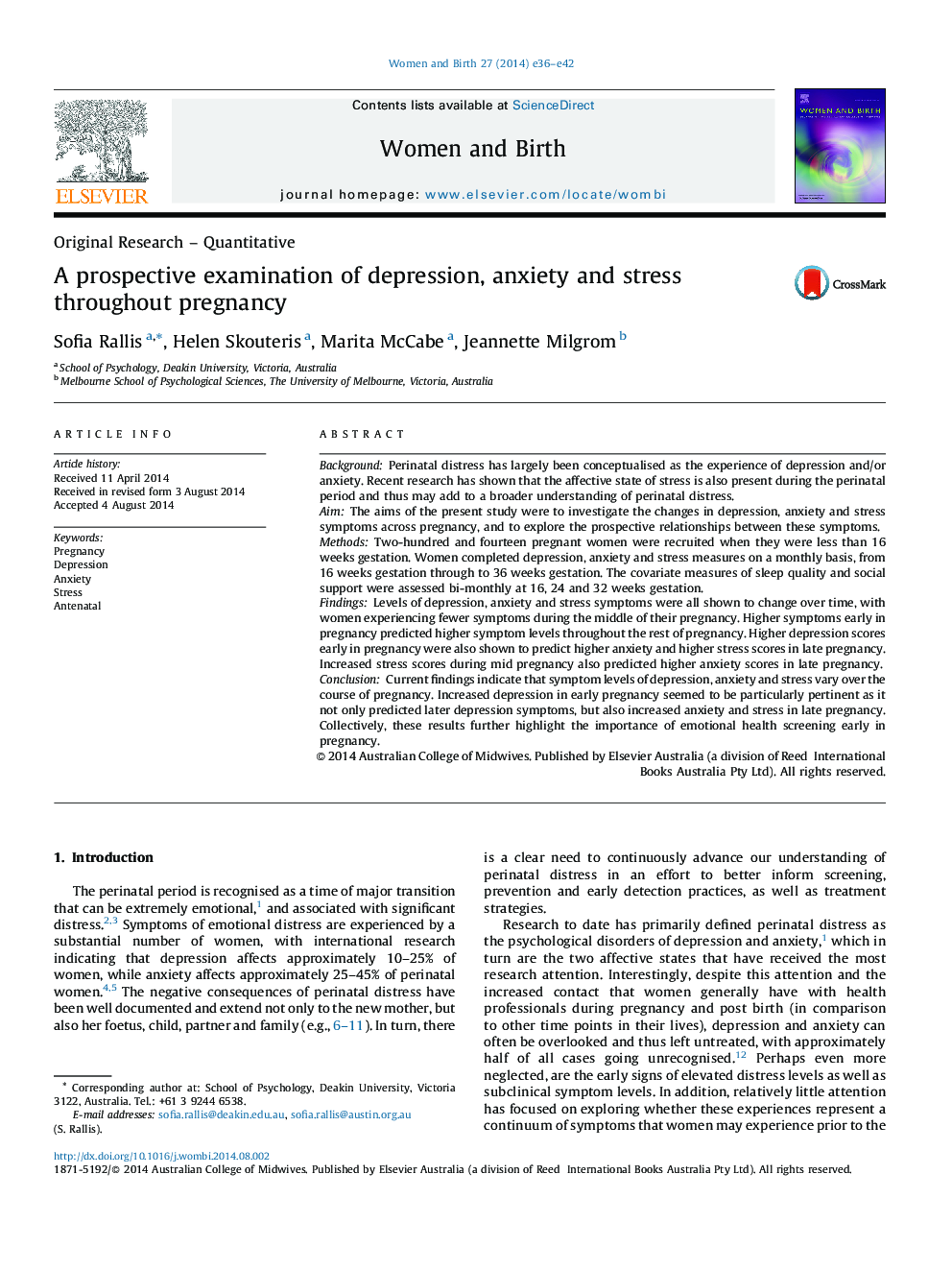 A prospective examination of depression, anxiety and stress throughout pregnancy