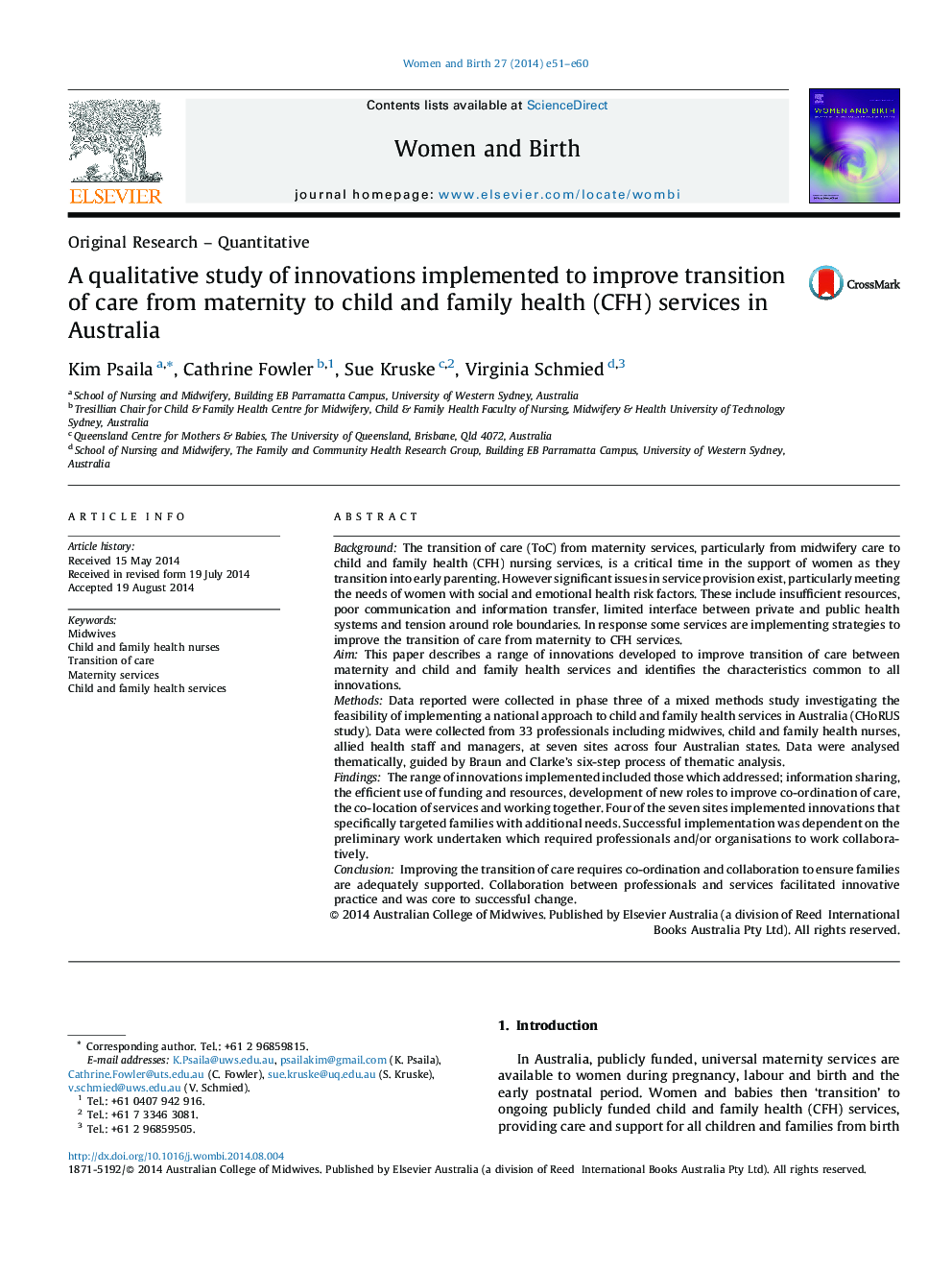 A qualitative study of innovations implemented to improve transition of care from maternity to child and family health (CFH) services in Australia
