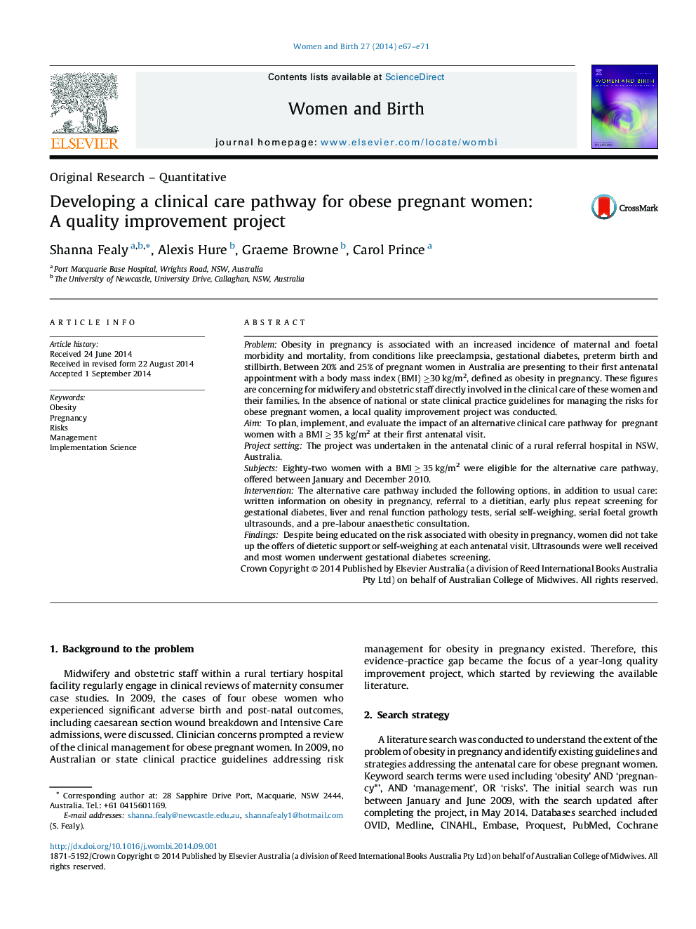 Developing a clinical care pathway for obese pregnant women: A quality improvement project