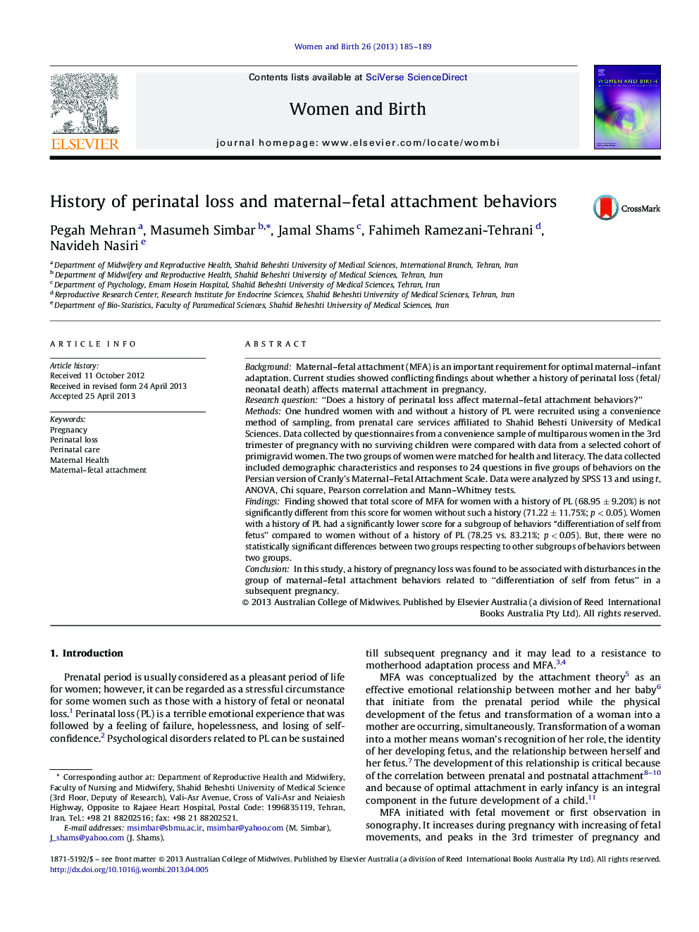 History of perinatal loss and maternal–fetal attachment behaviors