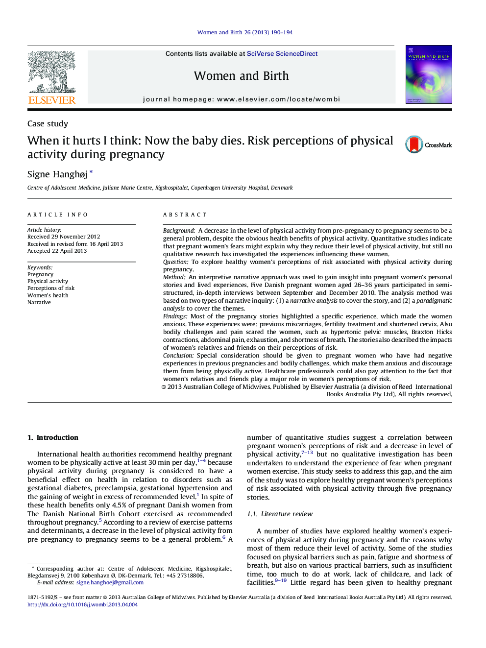 When it hurts I think: Now the baby dies. Risk perceptions of physical activity during pregnancy