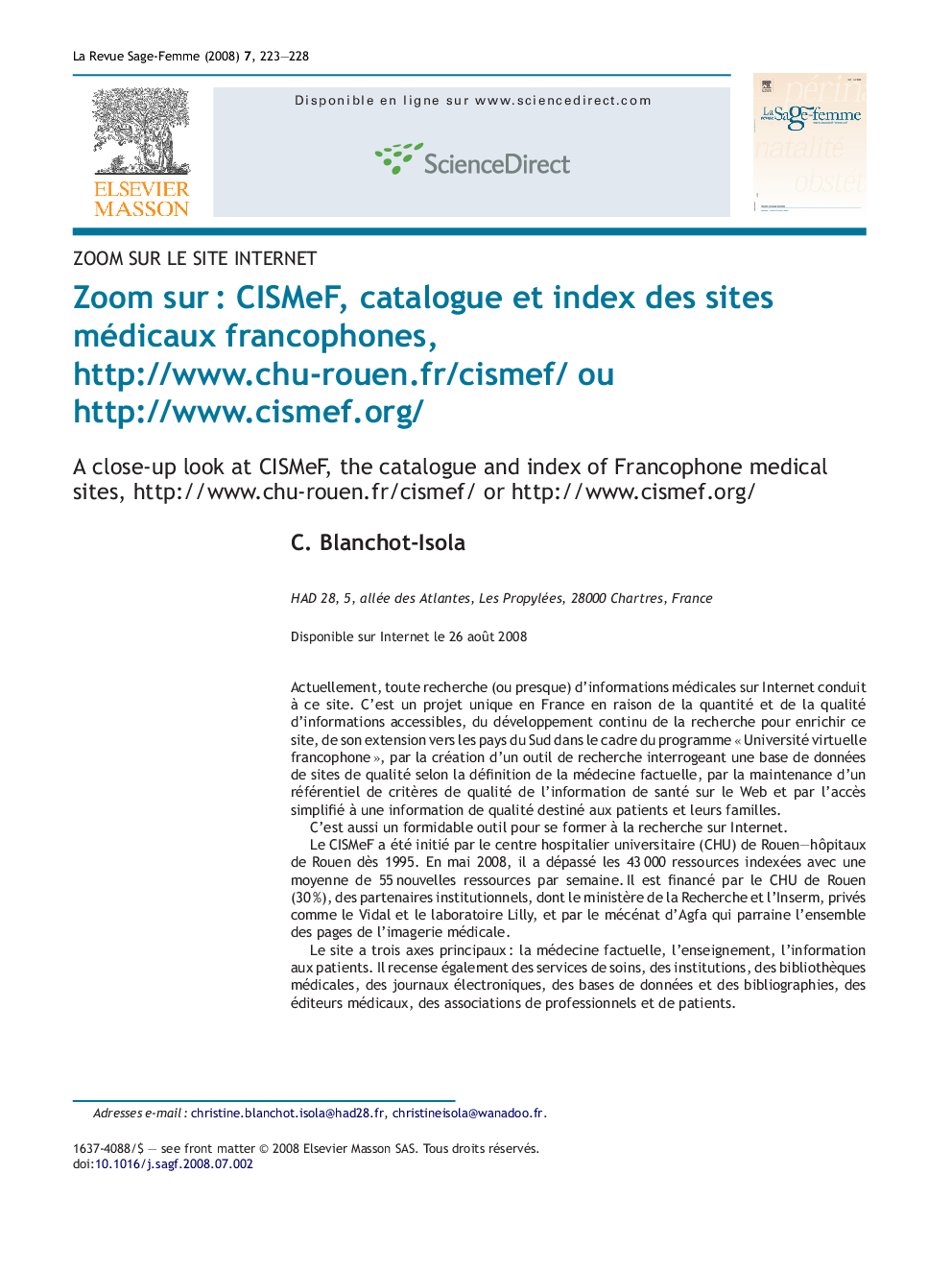 عکس صفحه اول مقاله: Zoom sur : CISMeF, catalogue et index des sites médicaux francophones, http://www.chu-rouen.fr/cismef/ ou http://www.cismef.org/ Zoom sur : CISMeF, catalogue et index des sites médicaux francophones, http://www.chu-rouen.fr/cismef/ ou http://www.cismef.org/