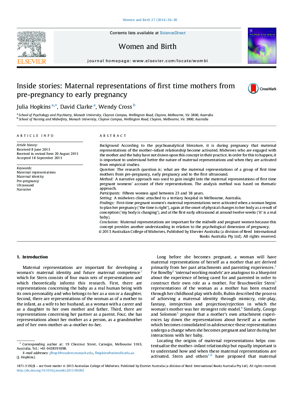 Inside stories: Maternal representations of first time mothers from pre-pregnancy to early pregnancy