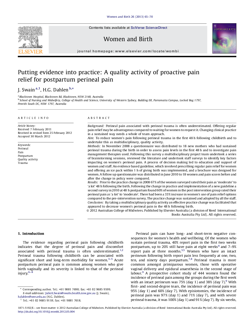 Putting evidence into practice: A quality activity of proactive pain relief for postpartum perineal pain