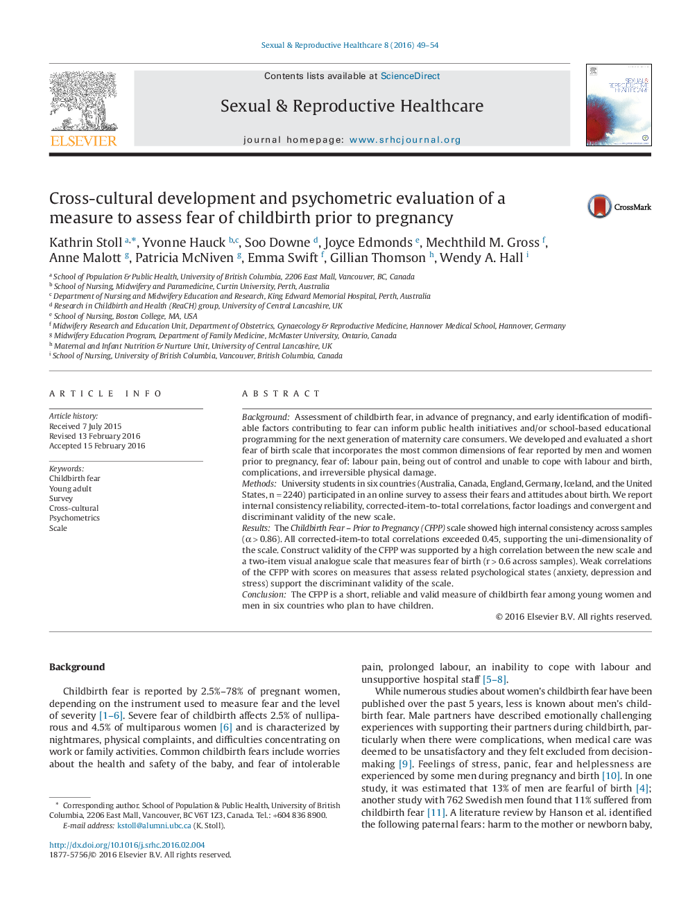 Cross-cultural development and psychometric evaluation of a measure to assess fear of childbirth prior to pregnancy