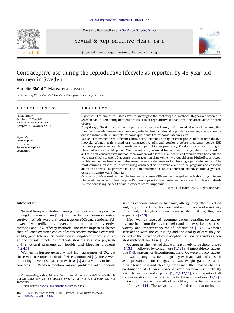 Contraceptive use during the reproductive lifecycle as reported by 46-year-old women in Sweden