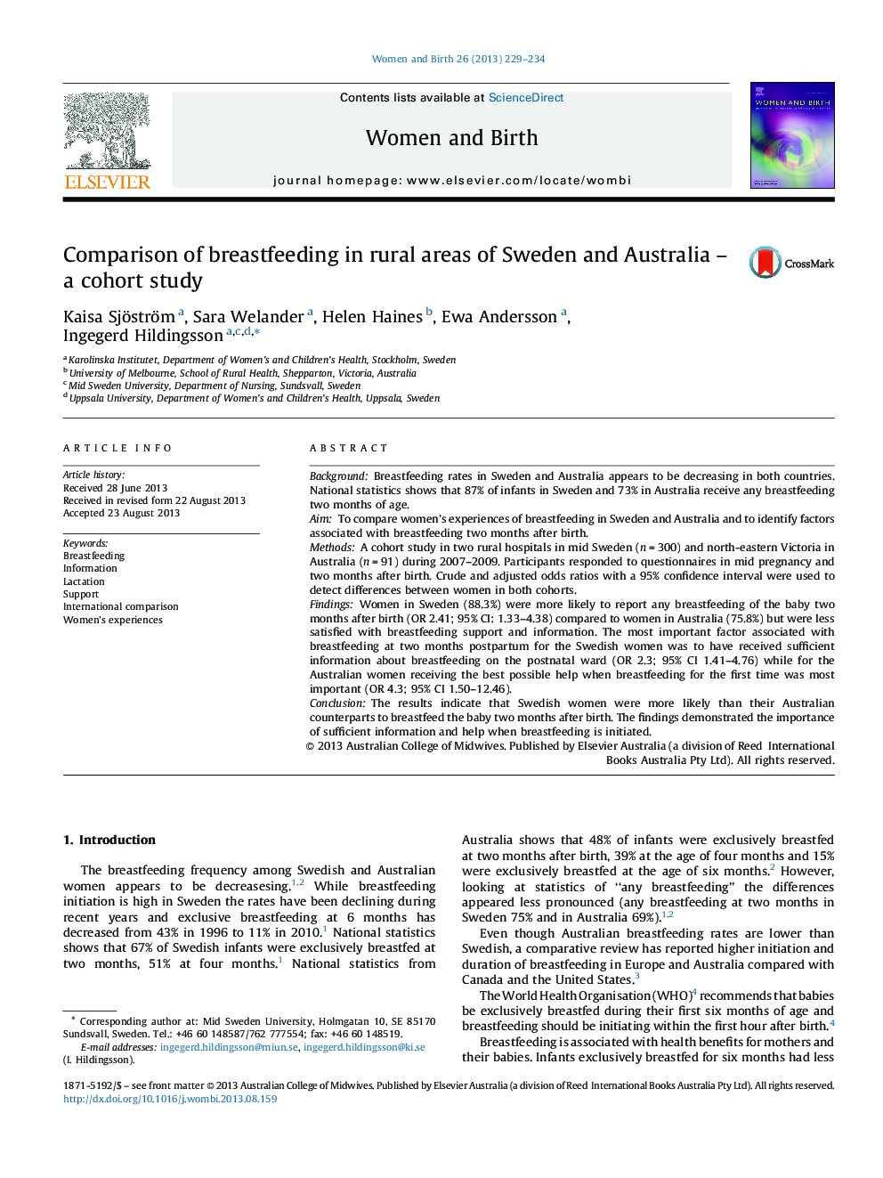 Comparison of breastfeeding in rural areas of Sweden and Australia – a cohort study