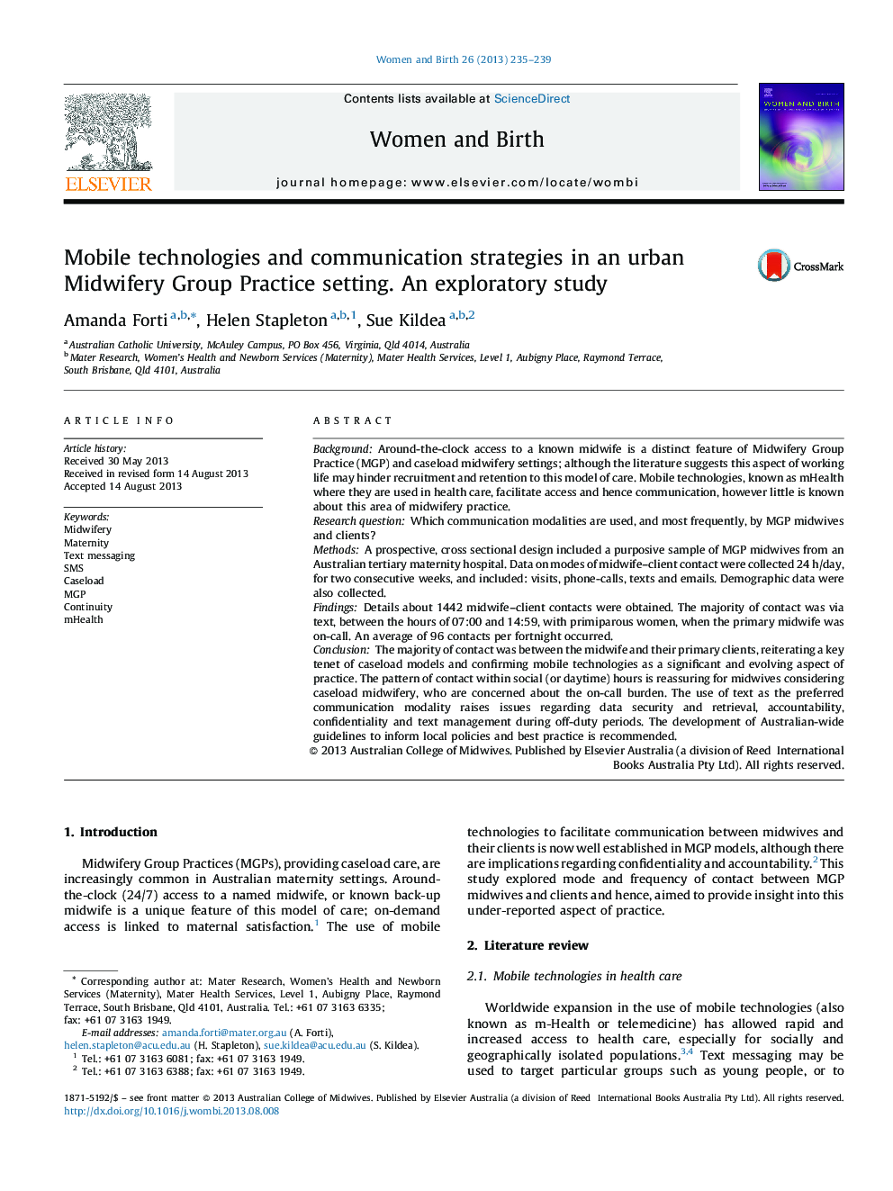 Mobile technologies and communication strategies in an urban Midwifery Group Practice setting. An exploratory study