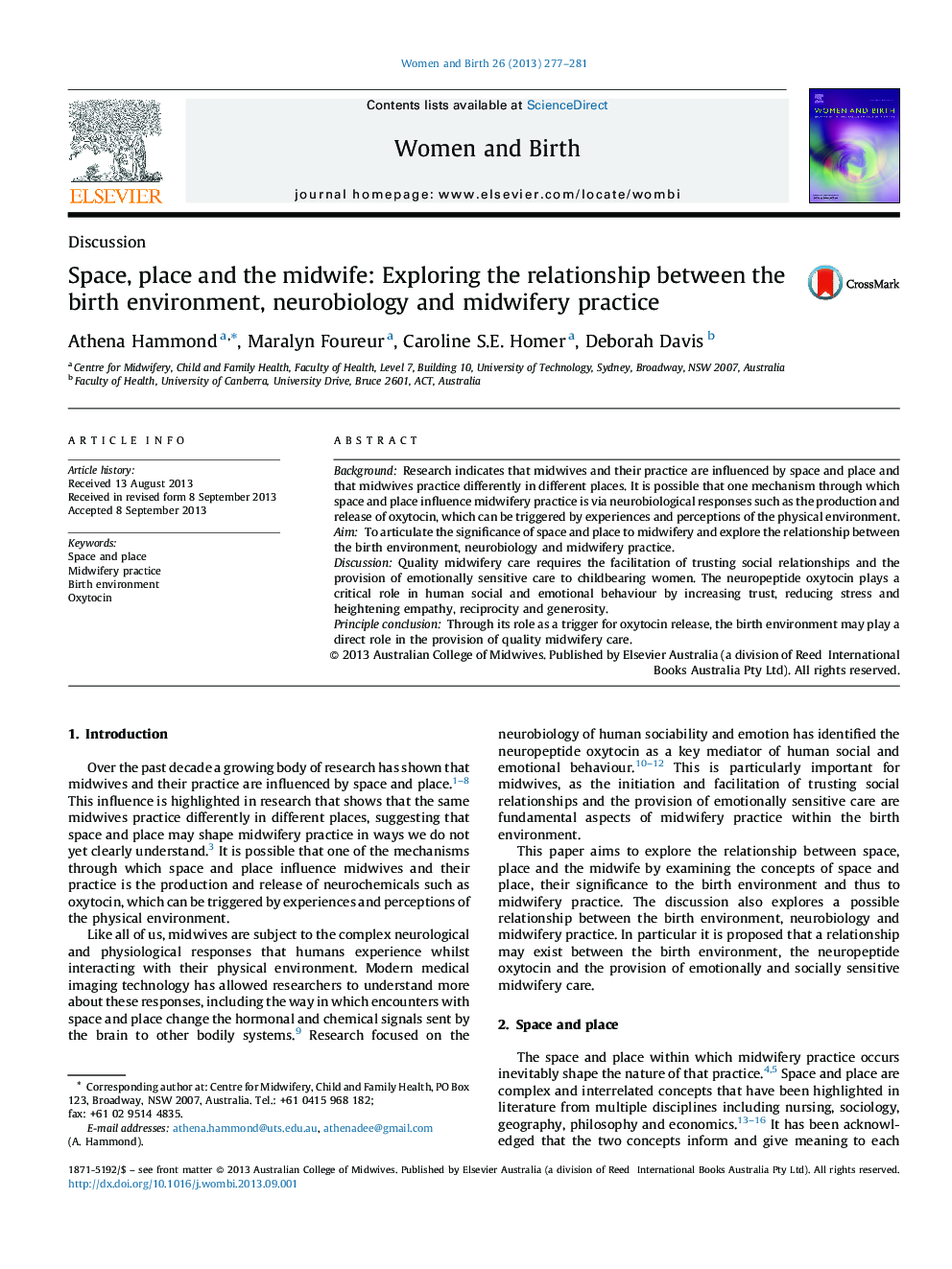 Space, place and the midwife: Exploring the relationship between the birth environment, neurobiology and midwifery practice