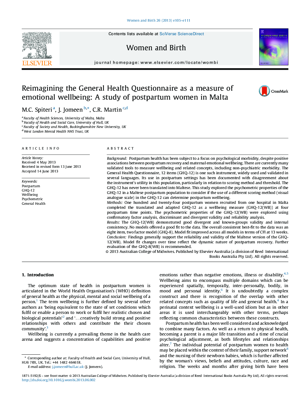 Reimagining the General Health Questionnaire as a measure of emotional wellbeing: A study of postpartum women in Malta