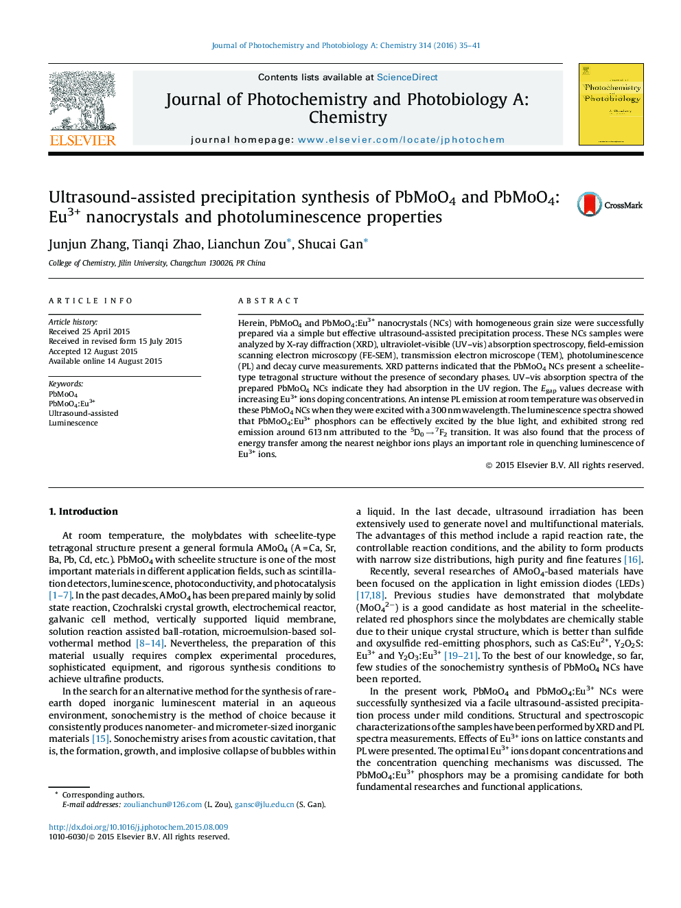 Ultrasound-assisted precipitation synthesis of PbMoO4 and PbMoO4:Eu3+ nanocrystals and photoluminescence properties