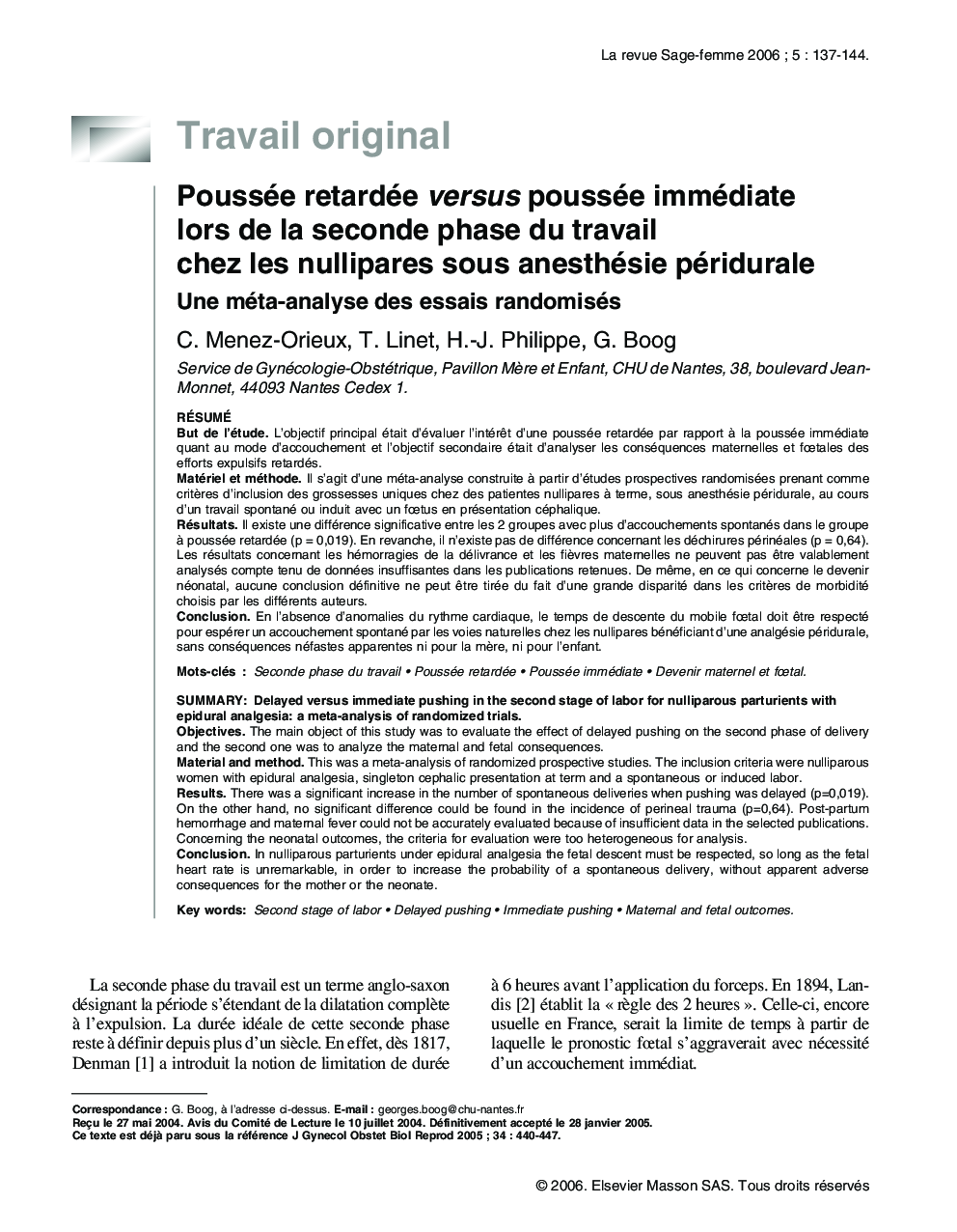 Poussée retardée versus poussée immédiate lors de la seconde phase du travail chez les nullipares sous anesthésie péridurale