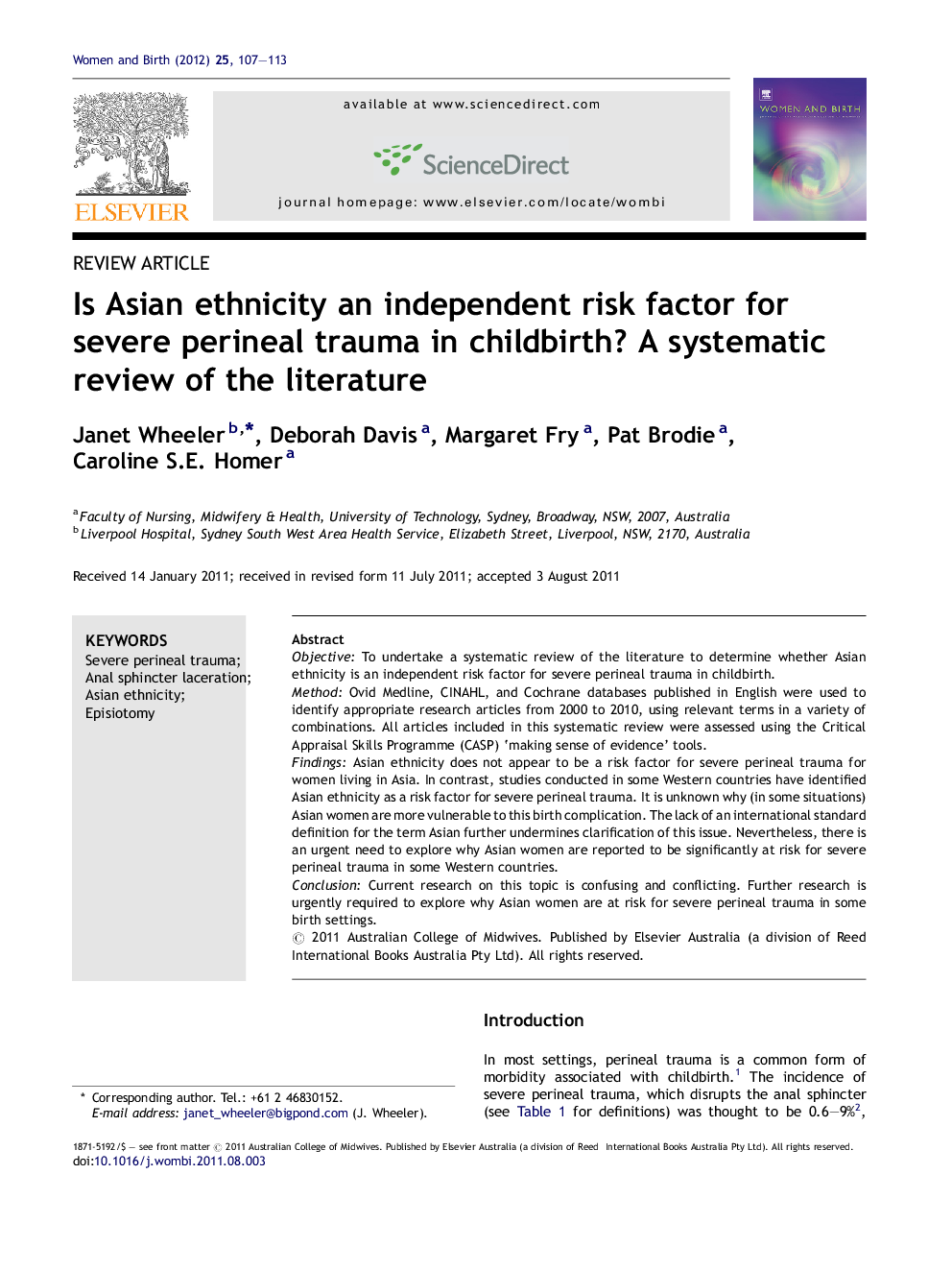 Is Asian ethnicity an independent risk factor for severe perineal trauma in childbirth? A systematic review of the literature