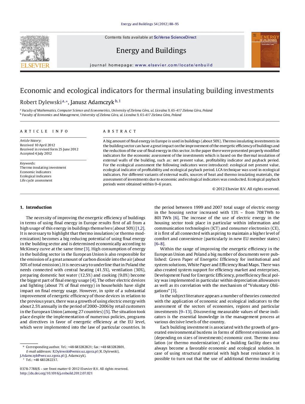 Economic and ecological indicators for thermal insulating building investments