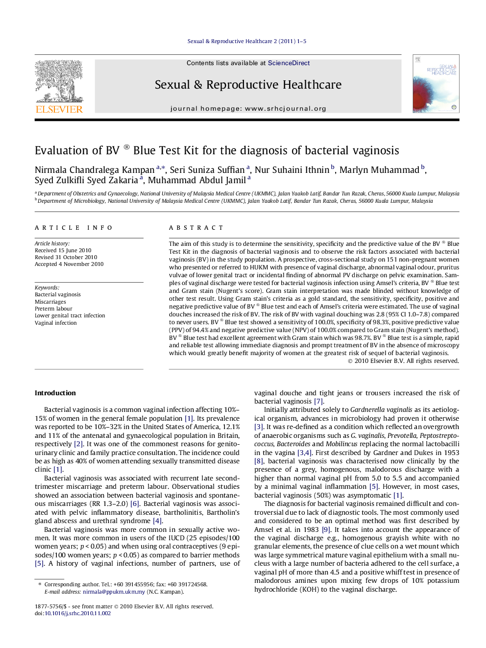 Evaluation of BV ® Blue Test Kit for the diagnosis of bacterial vaginosis