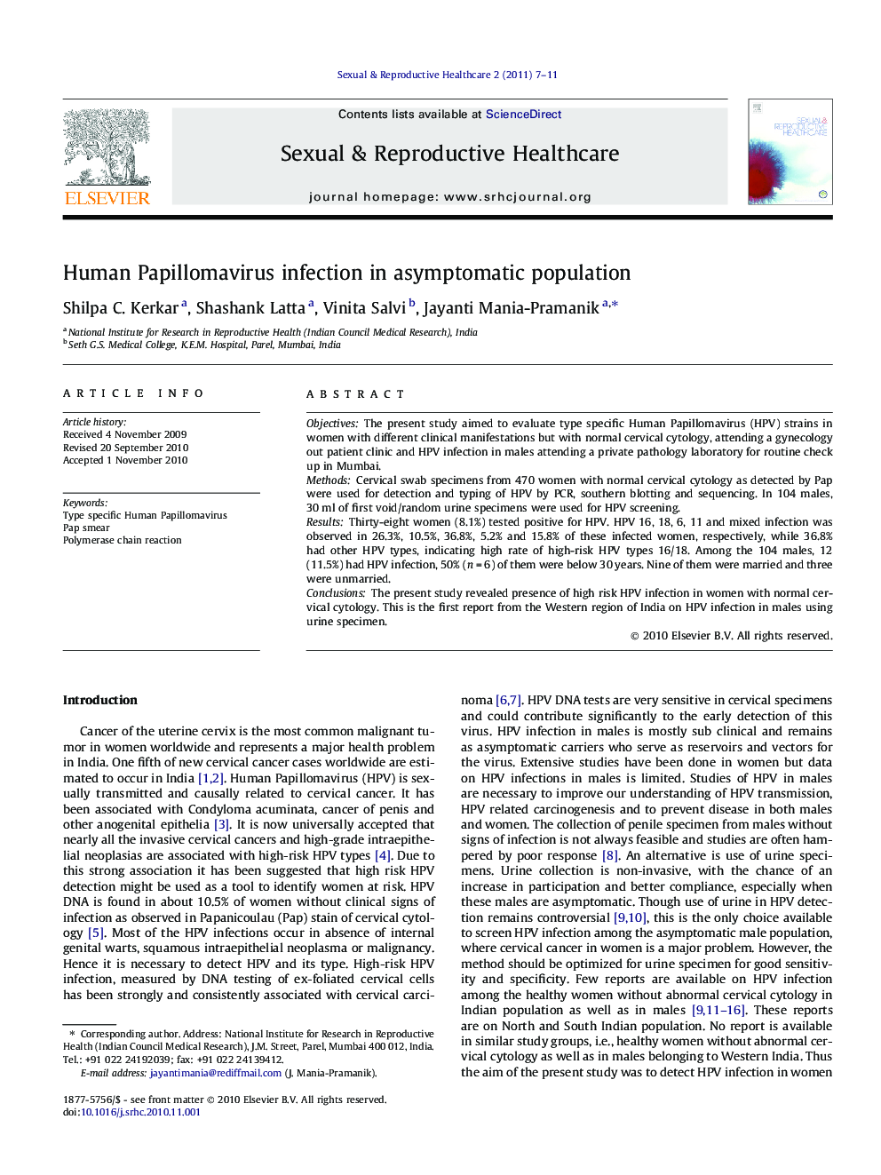 Human Papillomavirus infection in asymptomatic population