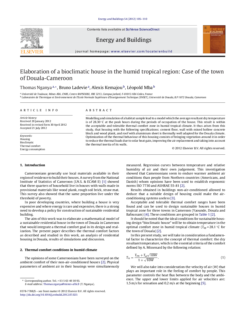 Elaboration of a bioclimatic house in the humid tropical region: Case of the town of Douala-Cameroon