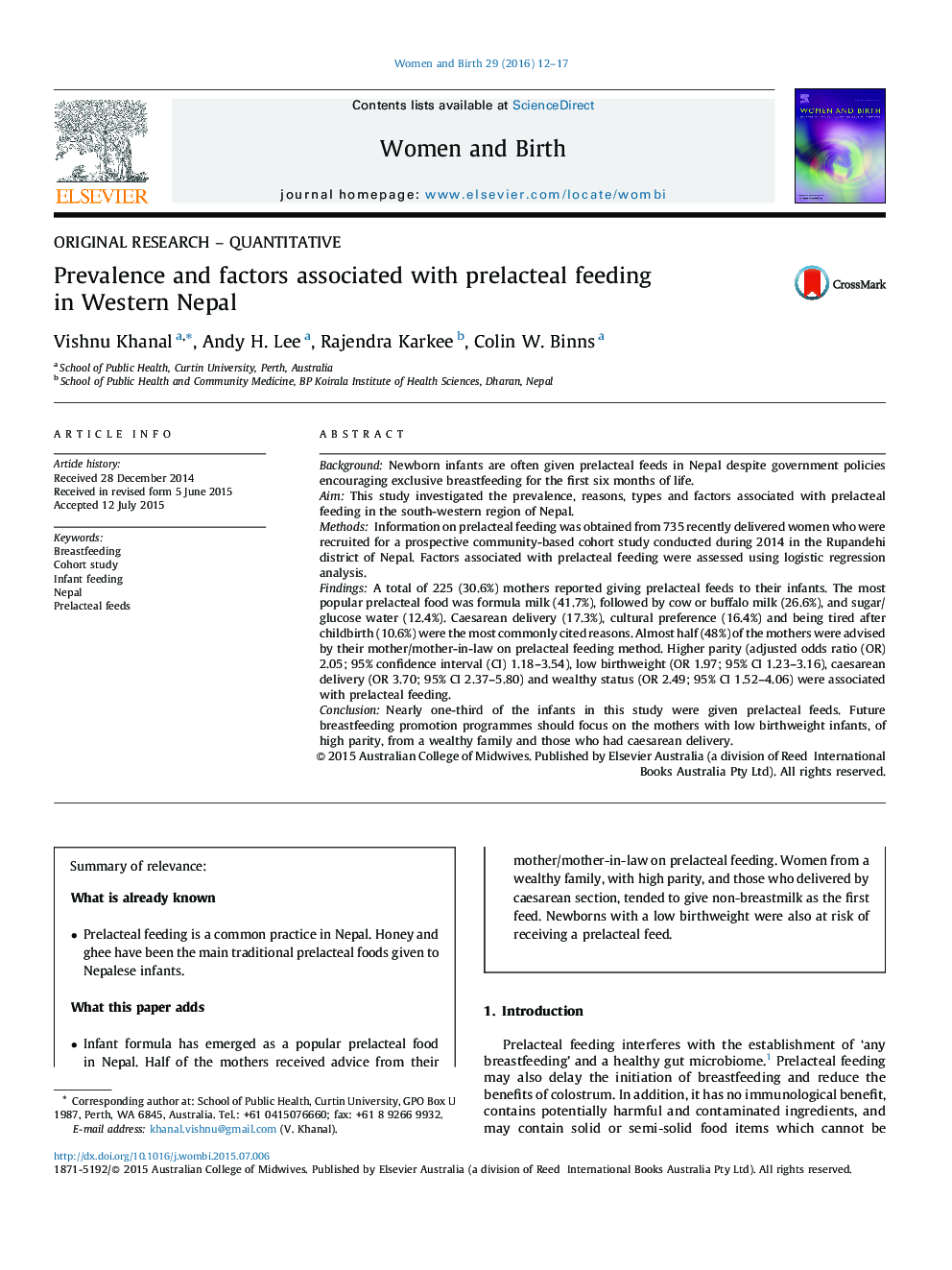 Prevalence and factors associated with prelacteal feeding in Western Nepal
