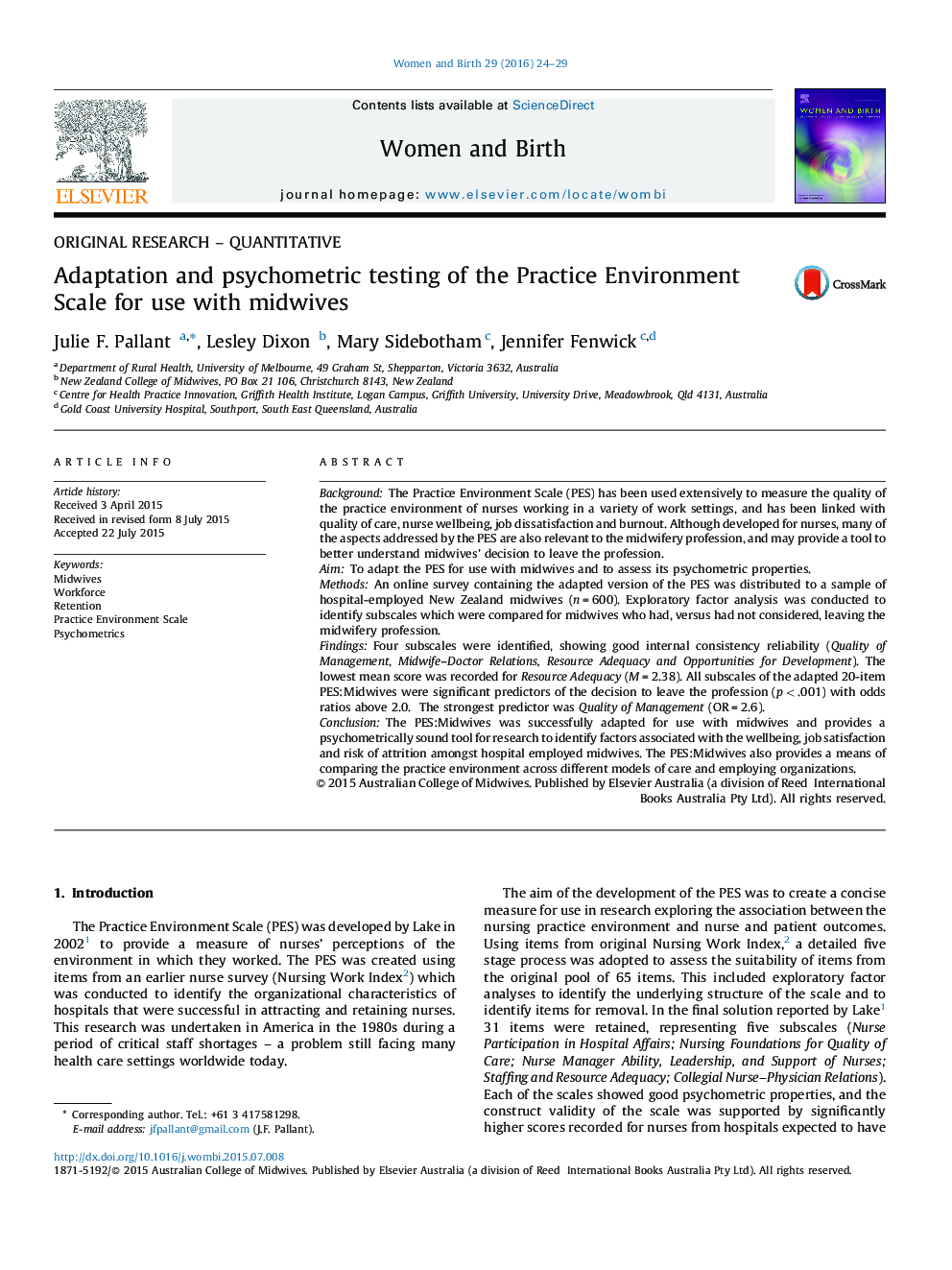 Adaptation and psychometric testing of the Practice Environment Scale for use with midwives