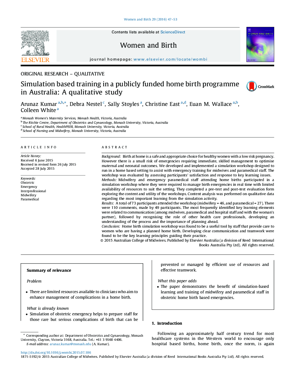 Simulation based training in a publicly funded home birth programme in Australia: A qualitative study