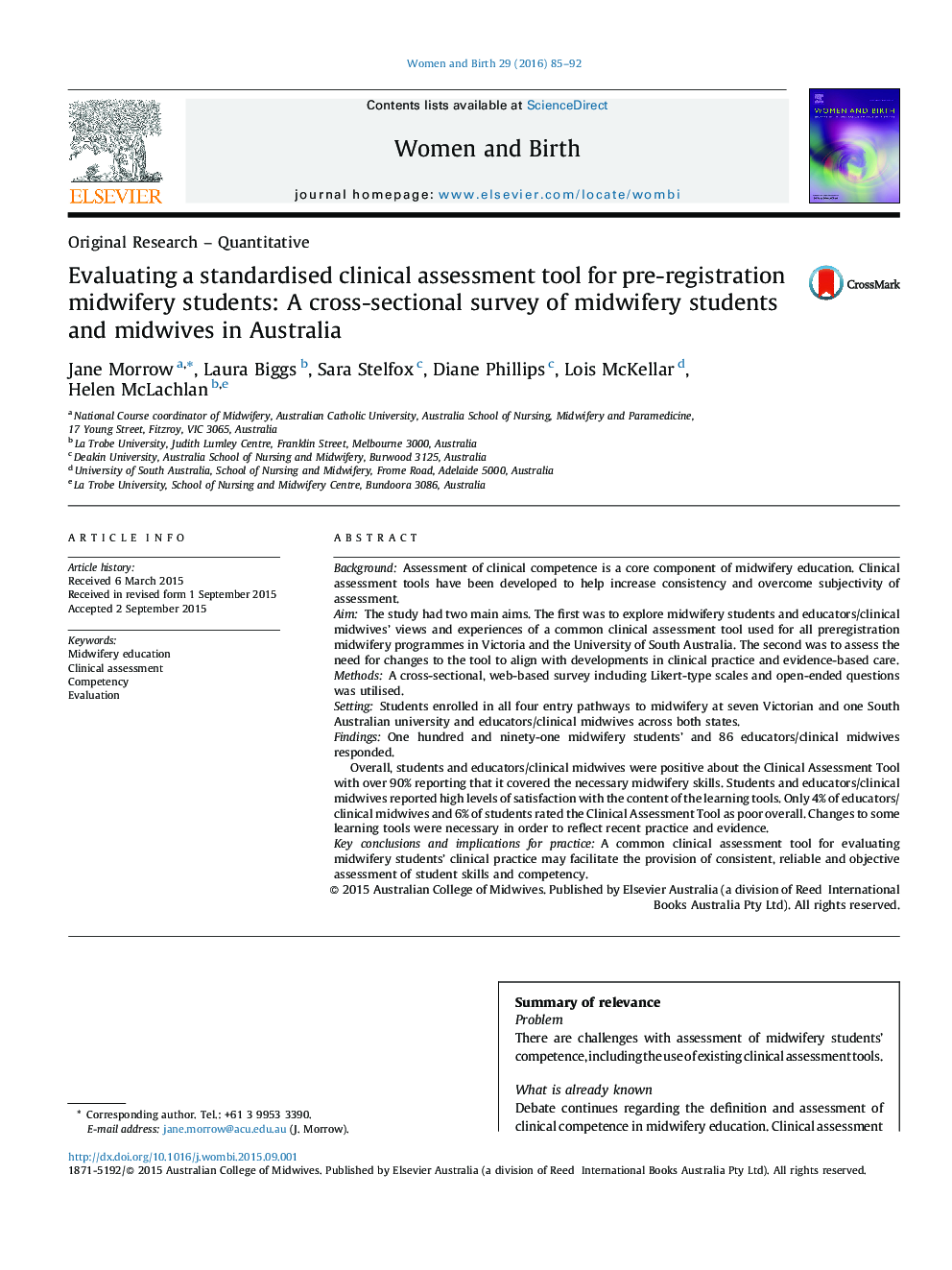 Evaluating a standardised clinical assessment tool for pre-registration midwifery students: A cross-sectional survey of midwifery students and midwives in Australia