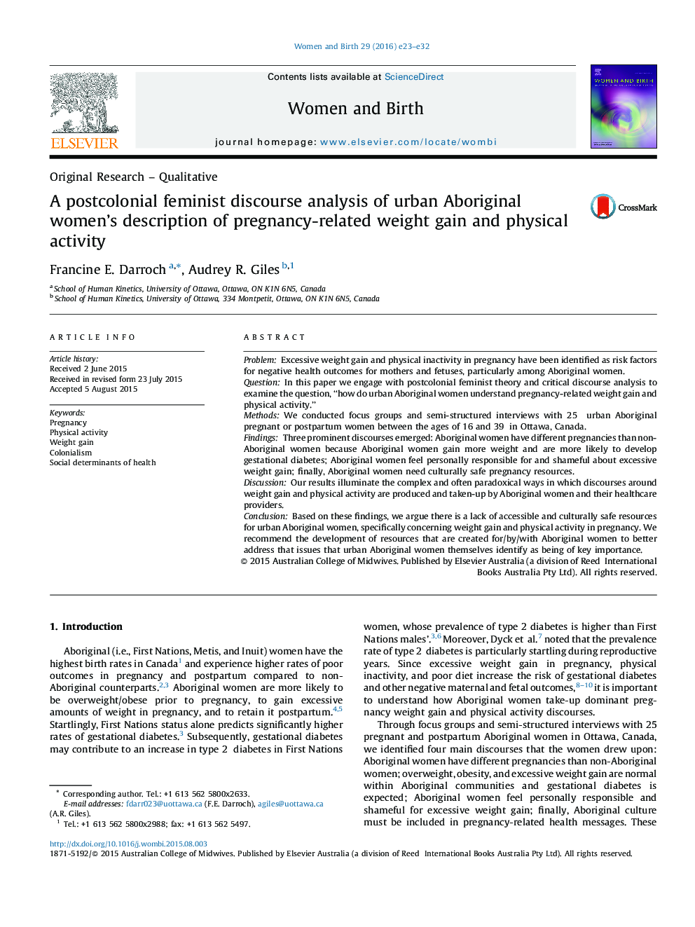 A postcolonial feminist discourse analysis of urban Aboriginal women's description of pregnancy-related weight gain and physical activity