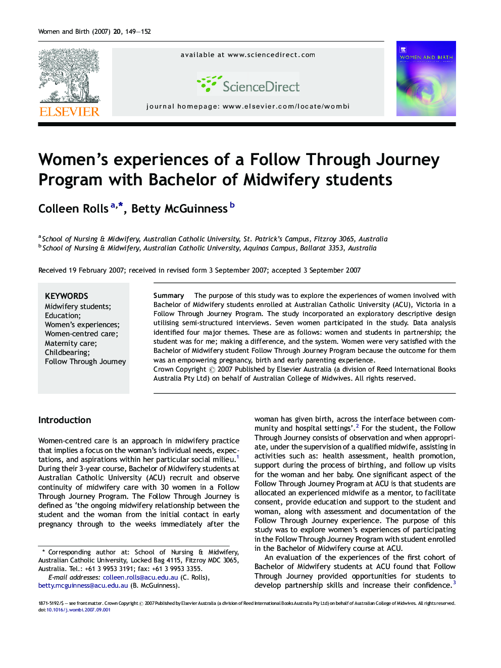 Women's experiences of a Follow Through Journey Program with Bachelor of Midwifery students
