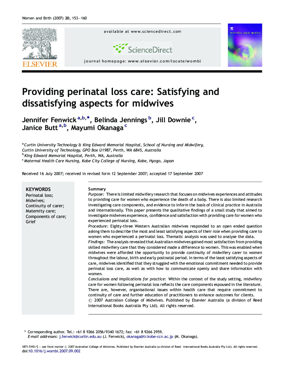 Providing perinatal loss care: Satisfying and dissatisfying aspects for midwives