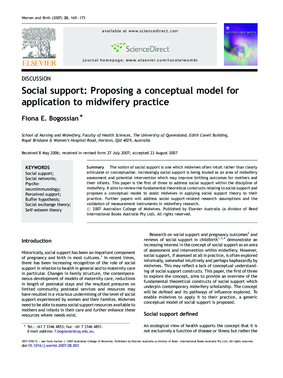 Social support: Proposing a conceptual model for application to midwifery practice