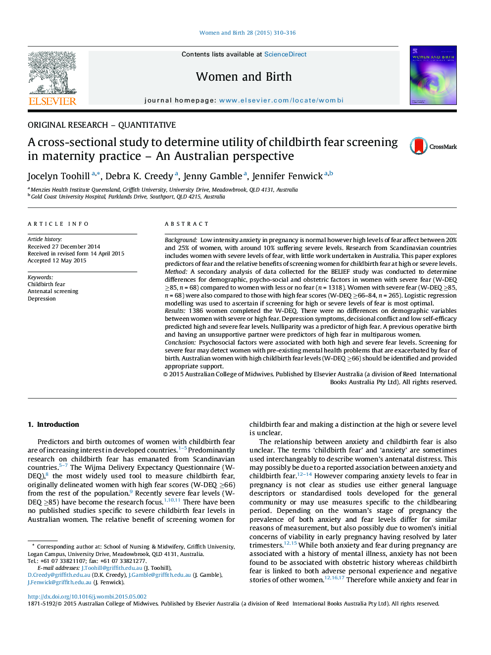 A cross-sectional study to determine utility of childbirth fear screening in maternity practice – An Australian perspective