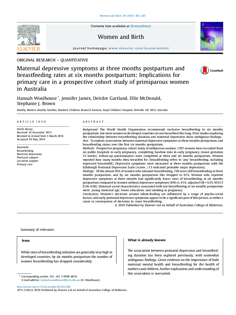 Maternal depressive symptoms at three months postpartum and breastfeeding rates at six months postpartum: Implications for primary care in a prospective cohort study of primiparous women in Australia