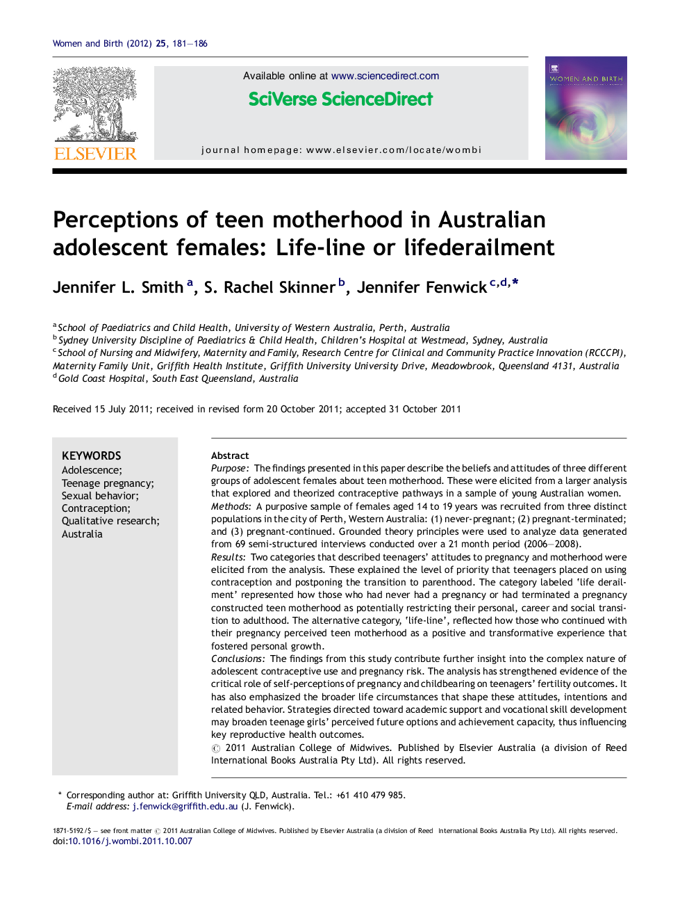 Perceptions of teen motherhood in Australian adolescent females: Life-line or lifederailment