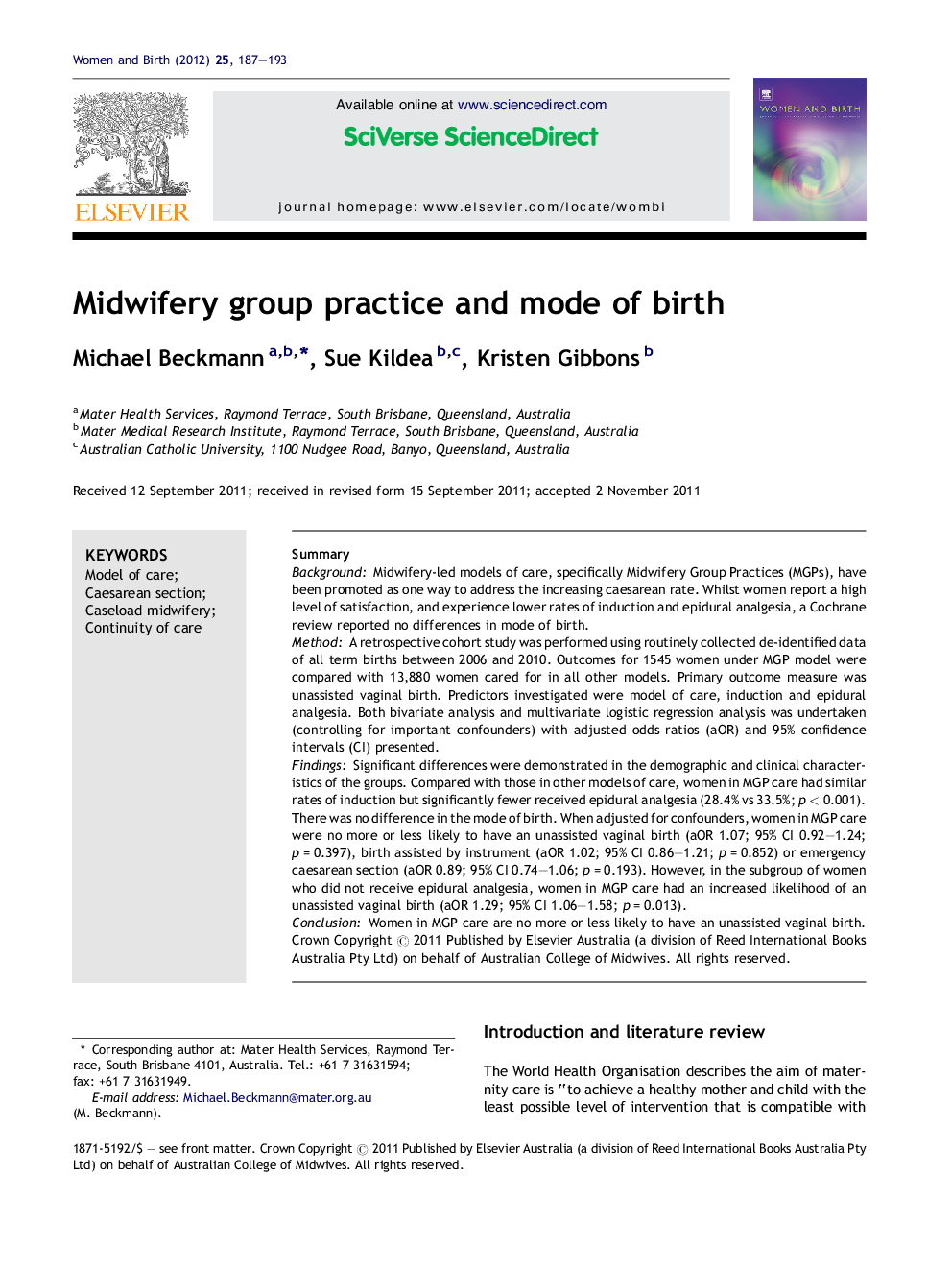 Midwifery group practice and mode of birth