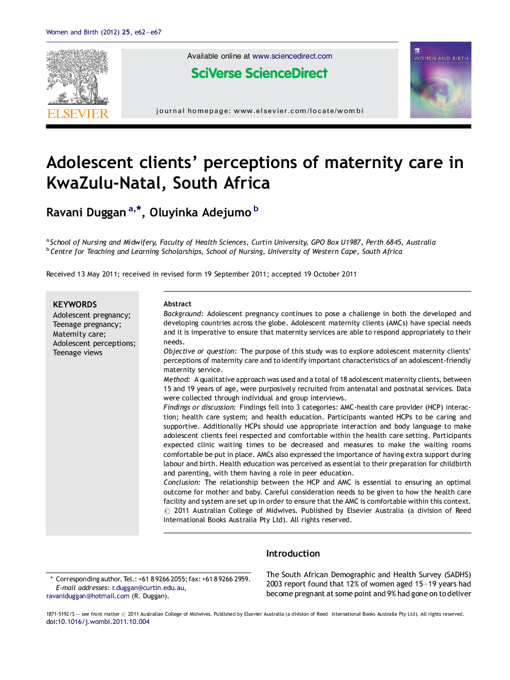 Adolescent clients’ perceptions of maternity care in KwaZulu-Natal, South Africa