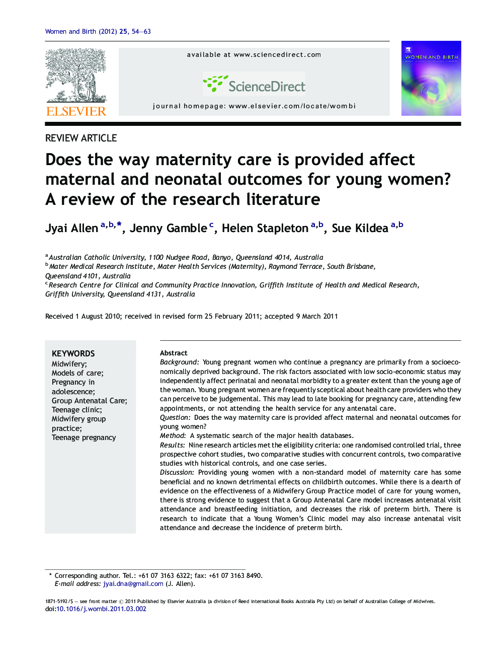 Does the way maternity care is provided affect maternal and neonatal outcomes for young women? A review of the research literature