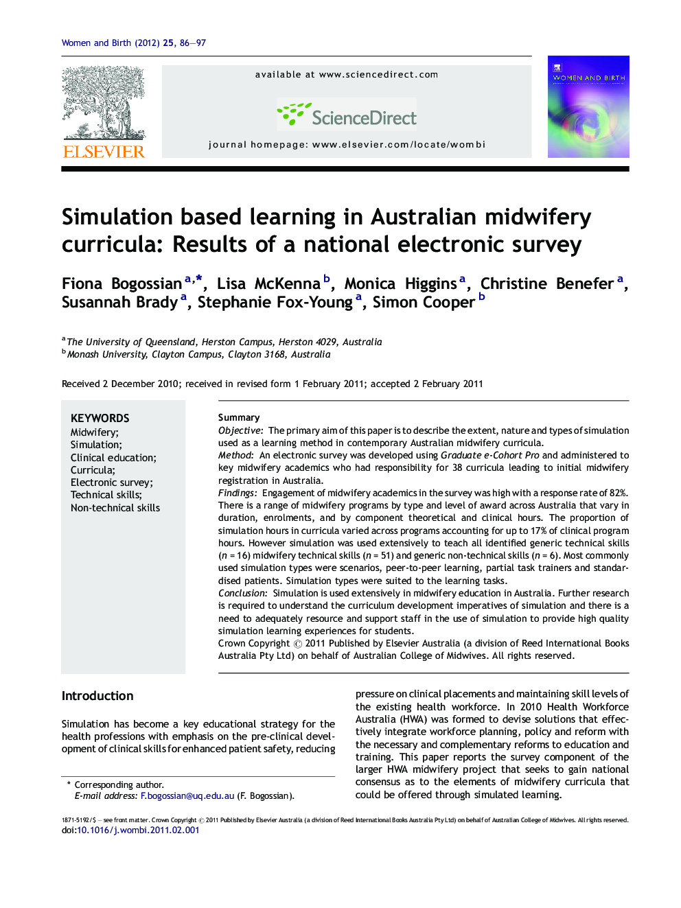 Simulation based learning in Australian midwifery curricula: Results of a national electronic survey