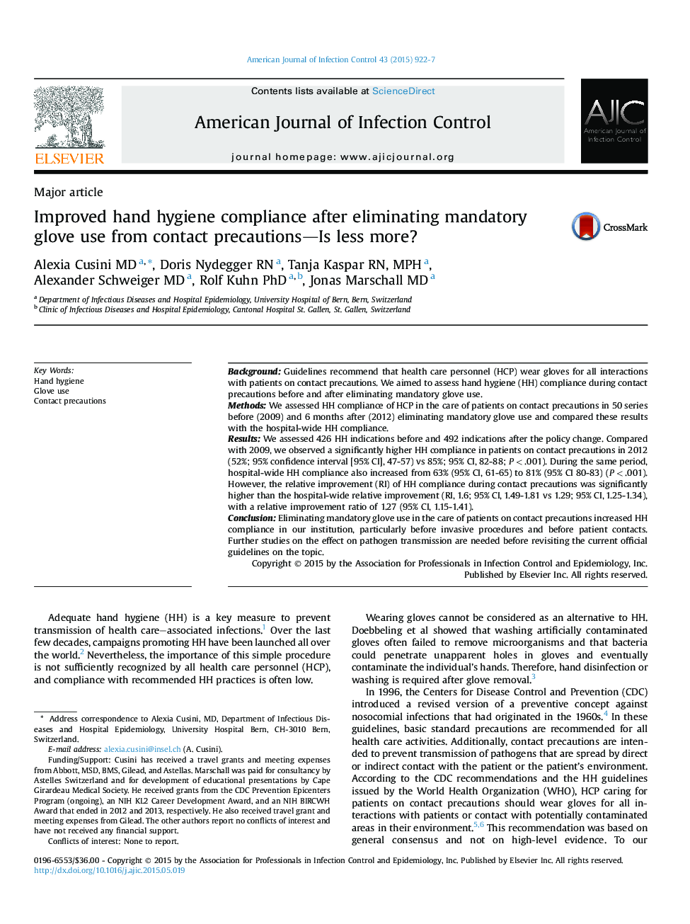 Improved hand hygiene compliance after eliminating mandatory glove use from contact precautions—Is less more? 