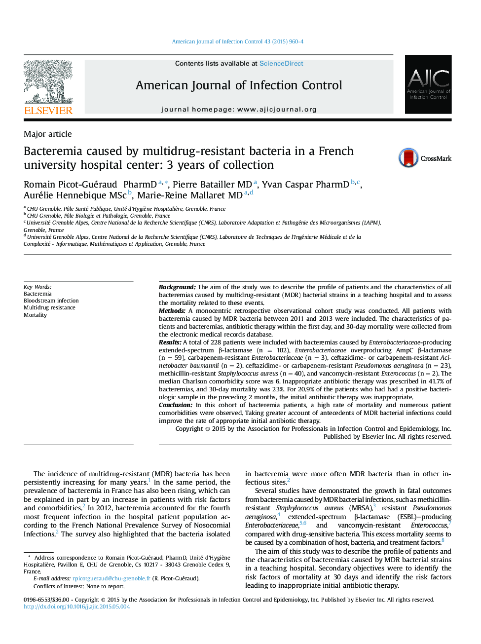 Bacteremia caused by multidrug-resistant bacteria in a French university hospital center: 3 years of collection 