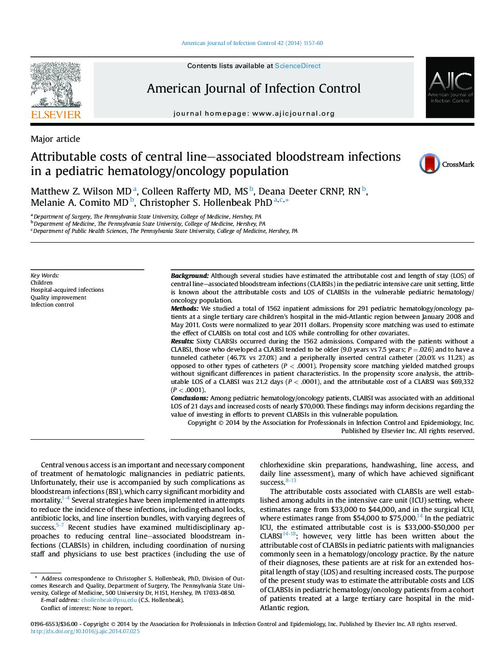 Attributable costs of central line–associated bloodstream infections in a pediatric hematology/oncology population 