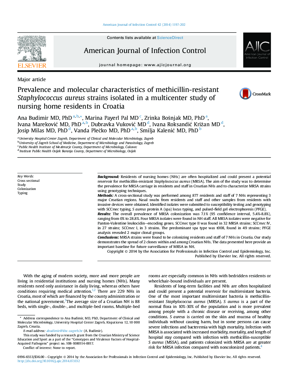 Prevalence and molecular characteristics of methicillin-resistant Staphylococcus aureus strains isolated in a multicenter study of nursing home residents in Croatia 