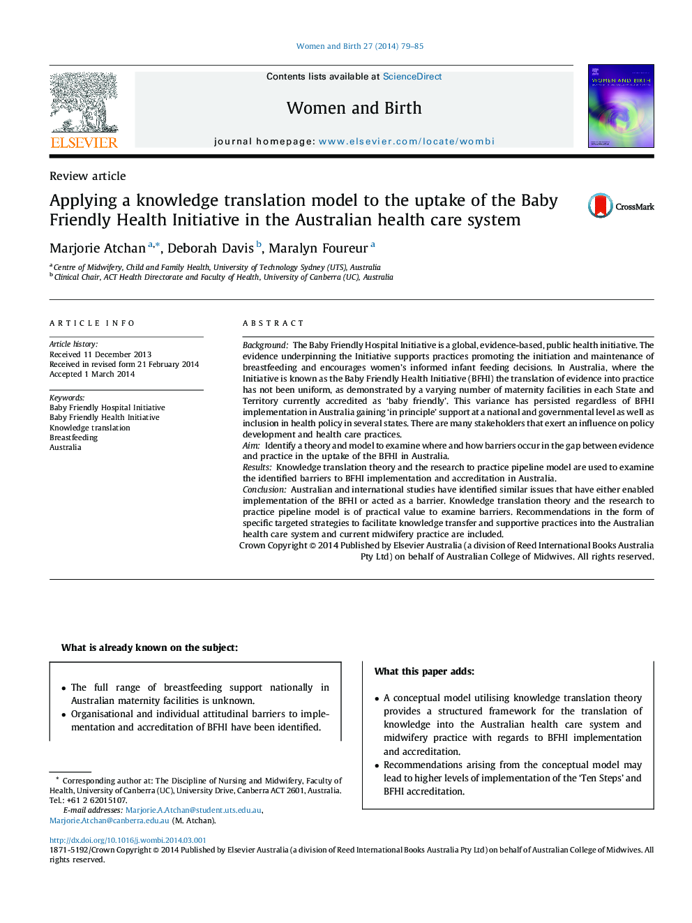 Applying a knowledge translation model to the uptake of the Baby Friendly Health Initiative in the Australian health care system