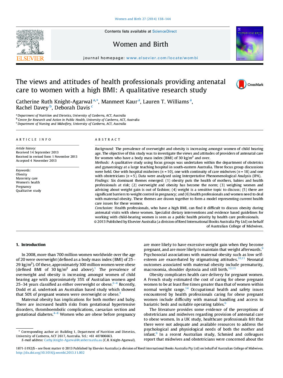 The views and attitudes of health professionals providing antenatal care to women with a high BMI: A qualitative research study