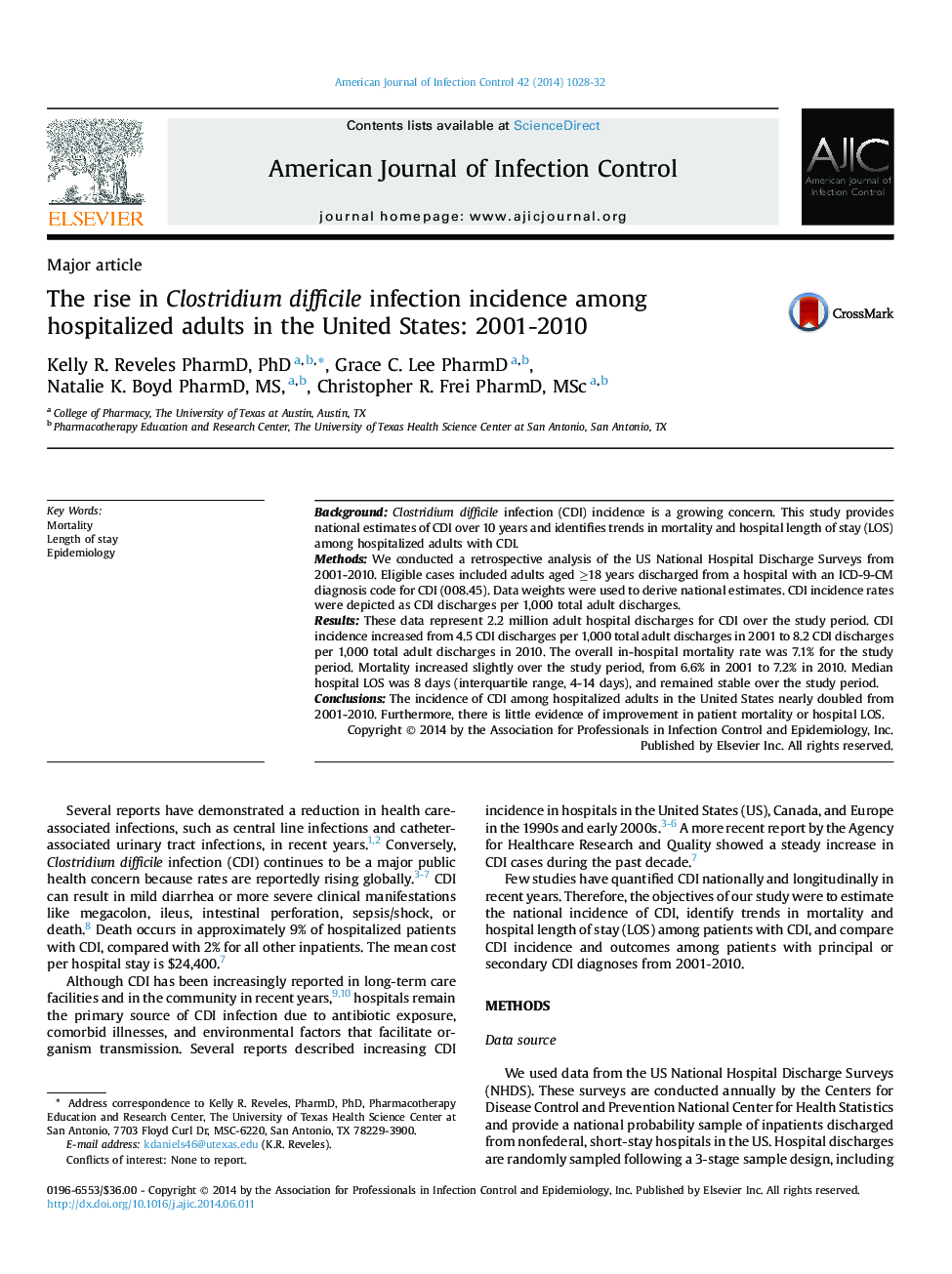 افزایش بروز عفونت Clostridium difficile در بزرگسالان بستری در ایالات متحده: 2001-2010
