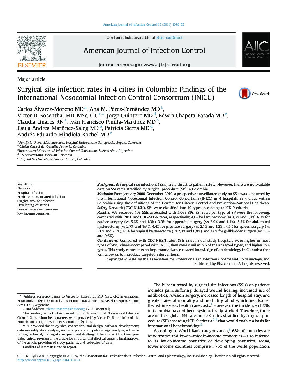 میزان آلودگی به جراحی در 4 شهر کلمبیا: یافته های کنسرسیوم کنترل عفونت بین المللی بیمارستانی (INICC)