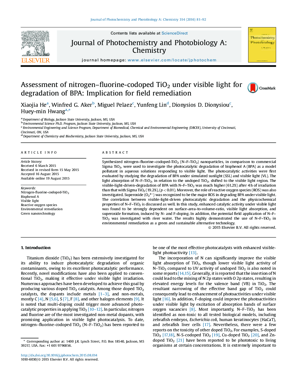 Assessment of nitrogen–fluorine-codoped TiO2 under visible light for degradation of BPA: Implication for field remediation