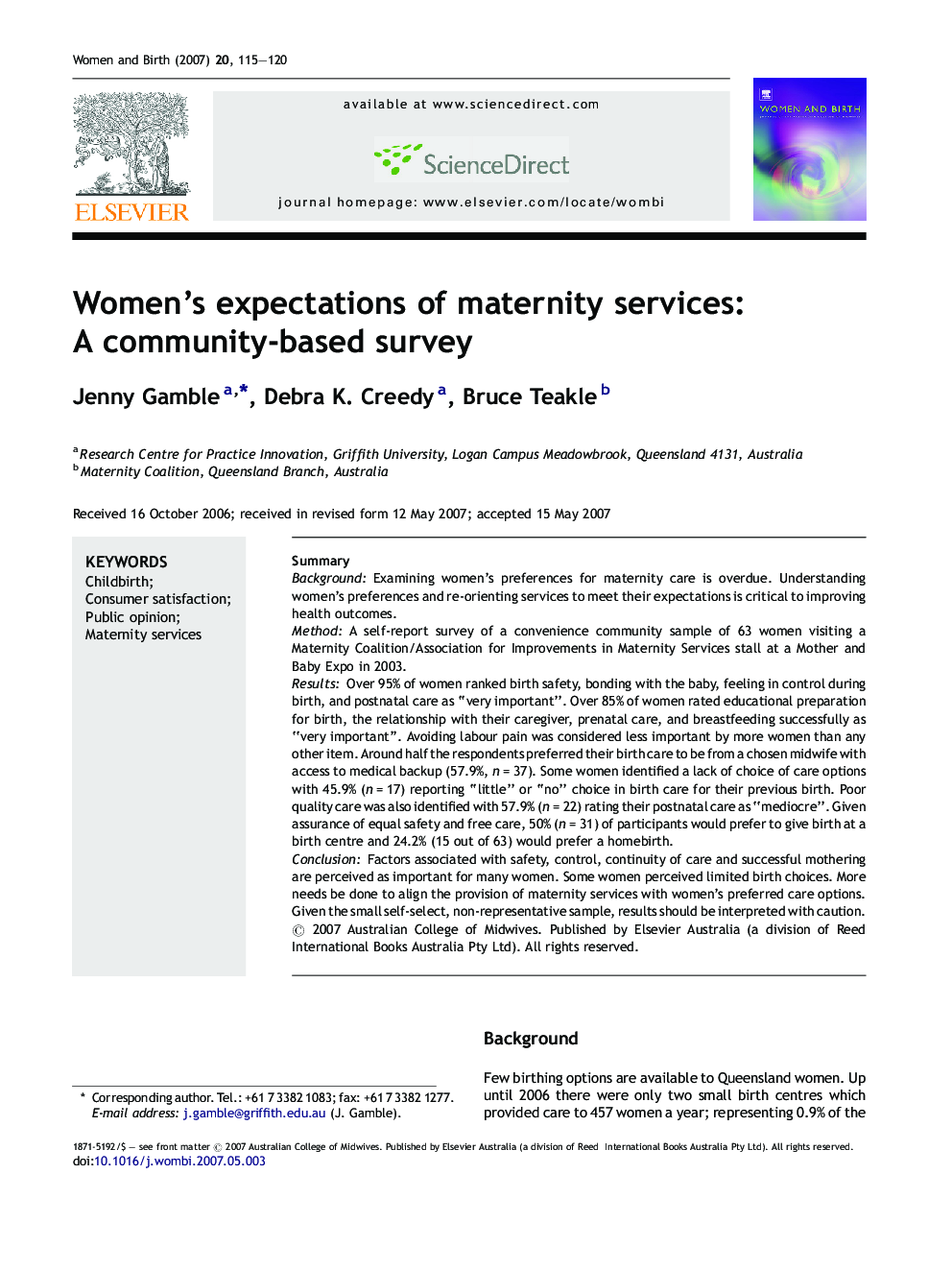 Women's expectations of maternity services: A community-based survey