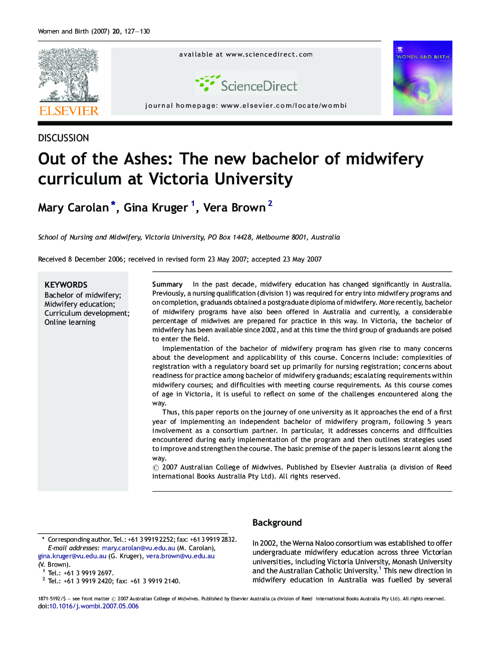 Out of the Ashes: The new bachelor of midwifery curriculum at Victoria University