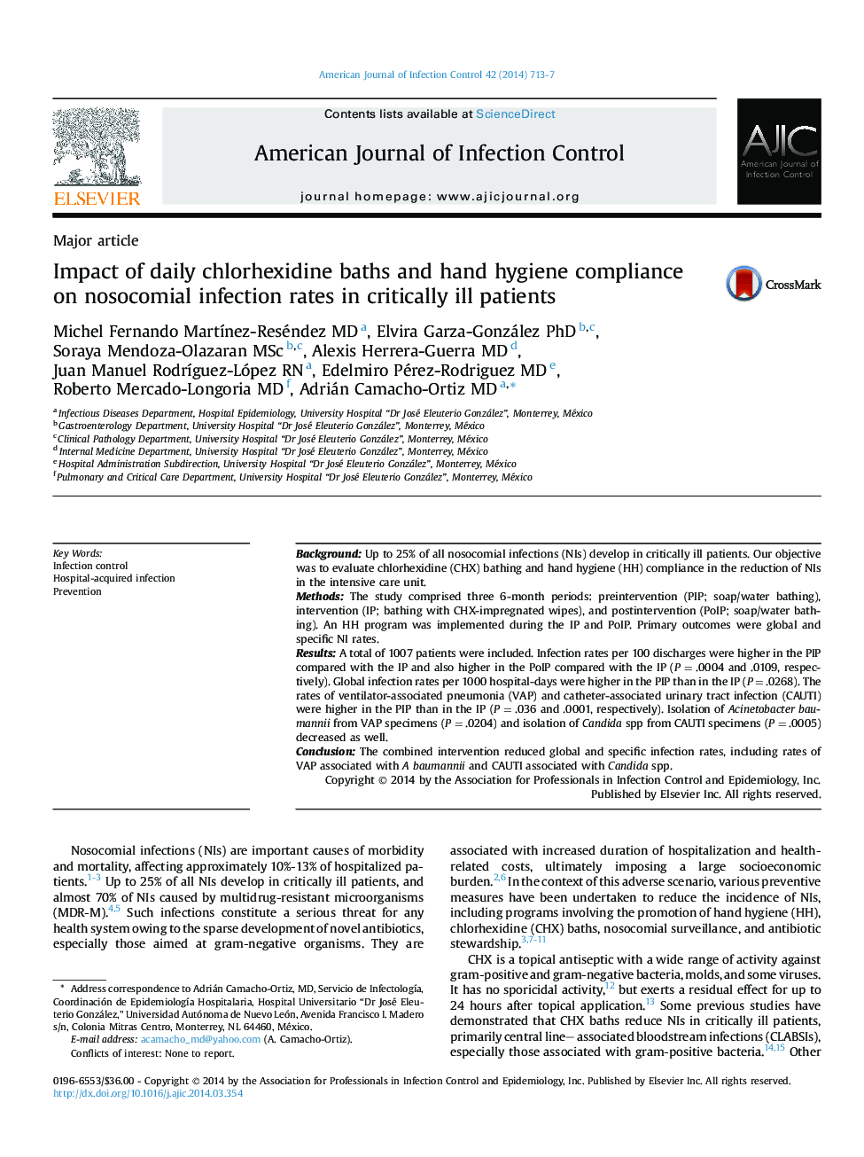 Impact of daily chlorhexidine baths and hand hygiene compliance on nosocomial infection rates in critically ill patients 